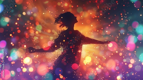 A woman is dancing in a colorful, swirling galaxy of light. The image is a representation of the idea of freedom and self-expression, as the woman's movements are fluid