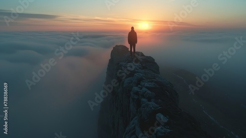 A man stands on a mountain top, looking out at the horizon. The sky is a beautiful mix of orange and pink hues, and the clouds are thick and fluffy