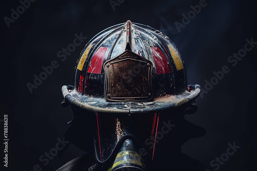 A close-up of a worn firefighter helmet against a dark background, showing signs of use and resilience.