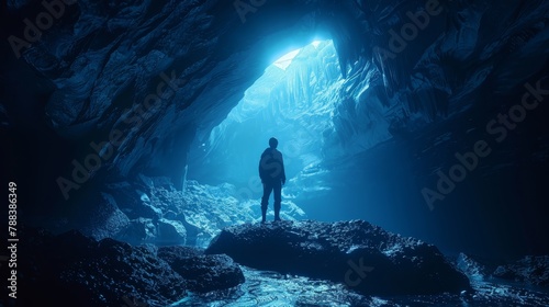 A man stands in a cave with a blue sky above him. The cave is dark and the man is the only one in it photo