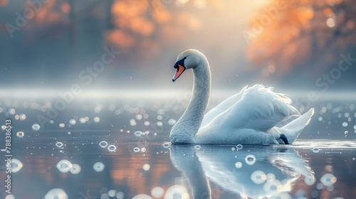 Elegant white swan in lake vibrant water reflection minimal ripples clear focus side view photo