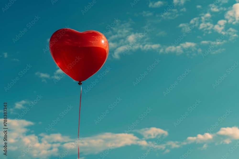 Red heart balloon clear sky background vibrant red minimal clouds distant view