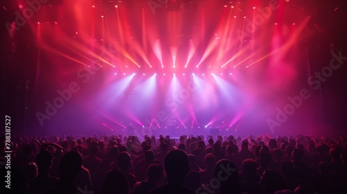A large crowd of people are watching a concert with bright lights and a stage. Scene is energetic and exciting, as the audience is fully engaged in the performance