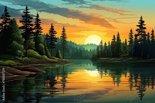 Sunrise in the Forest with Pine Trees Reflecting in a River, Green Nature at Sunset Golden Hour Morning Landscape Background photo