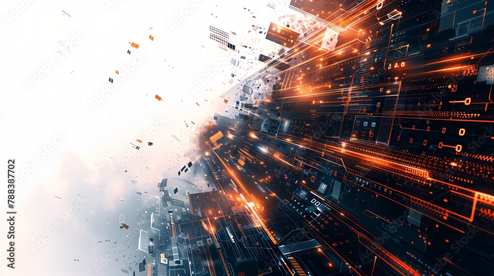 Digital illustration of red sparkling particles with a dynamic flow on a dark background. Digital illustration of red sparkling particles with a dynamic flow on a dark background.