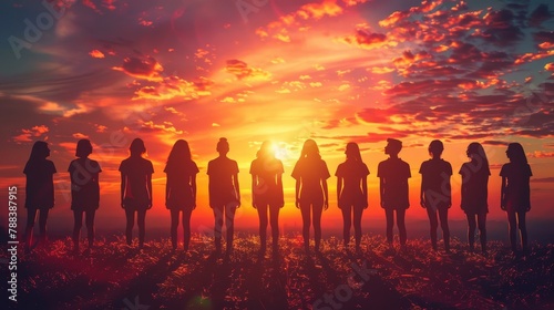 A group of people are standing in a field at sunset. The sun is setting in the background, casting a warm glow over the scene. The silhouettes of the people create a sense of unity and togetherness