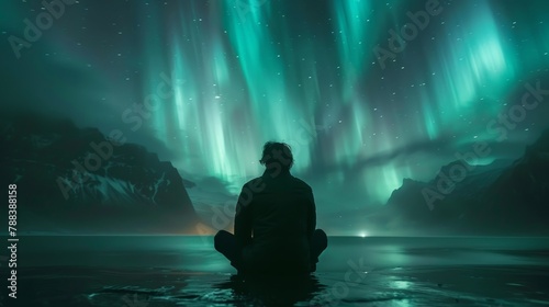 A man is sitting on the shore of a lake, looking up at the sky. The sky is filled with auroras, creating a serene and peaceful atmosphere. The man is in a contemplative mood photo