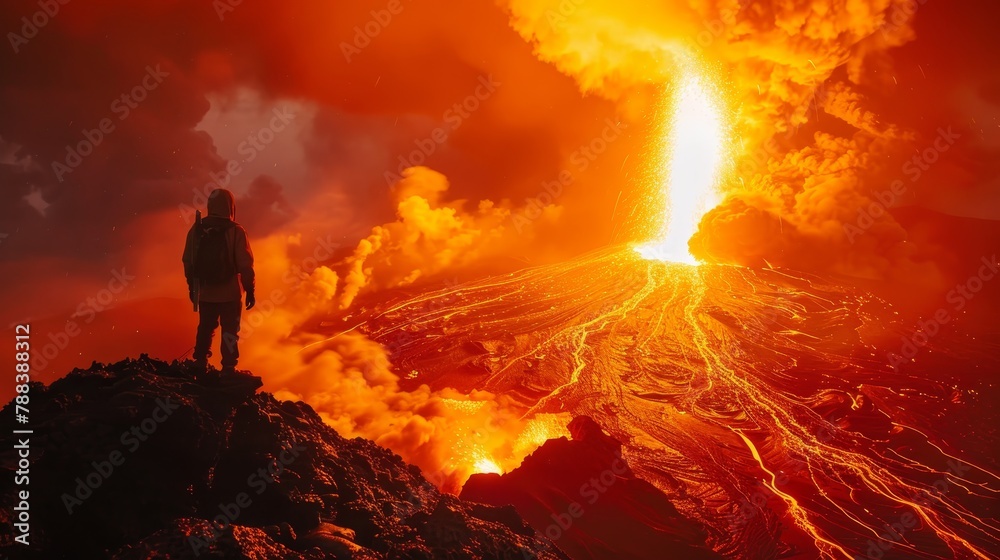 A man stands on a rocky hillside, looking at a volcano. The volcano is spewing lava and ash into the air, creating a dramatic and awe-inspiring scene. The man is in awe of the natural beauty