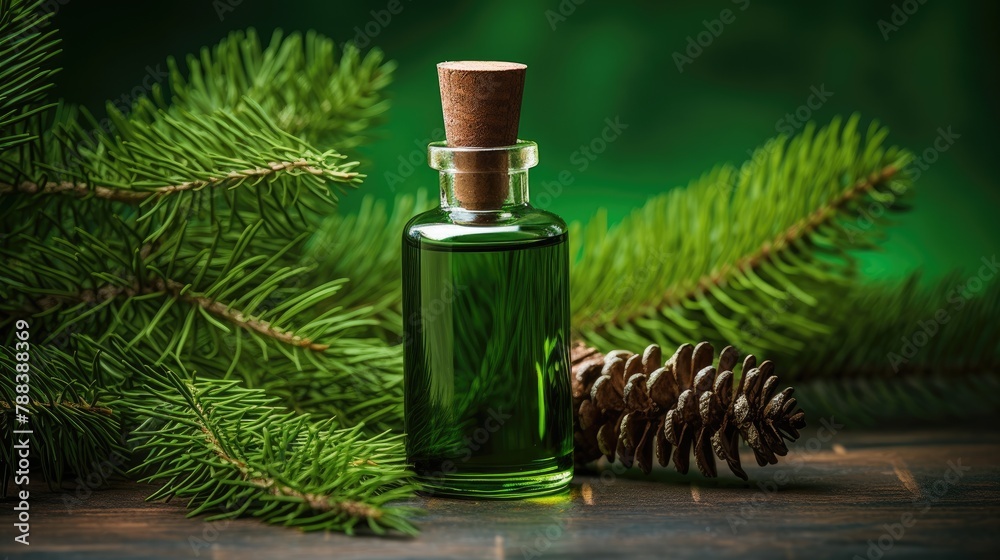 Essential oils of cedar and spruce in small glass bottles on a wooden background. Aromatherapy. Essential oils of cedar and spruce in small glass bottles on a wooden background. Aromatherapy.