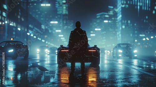 A man stands in the rain next to a car. The scene is set in a city at night, with the man and car being the only visible objects. Scene is dark and mysterious