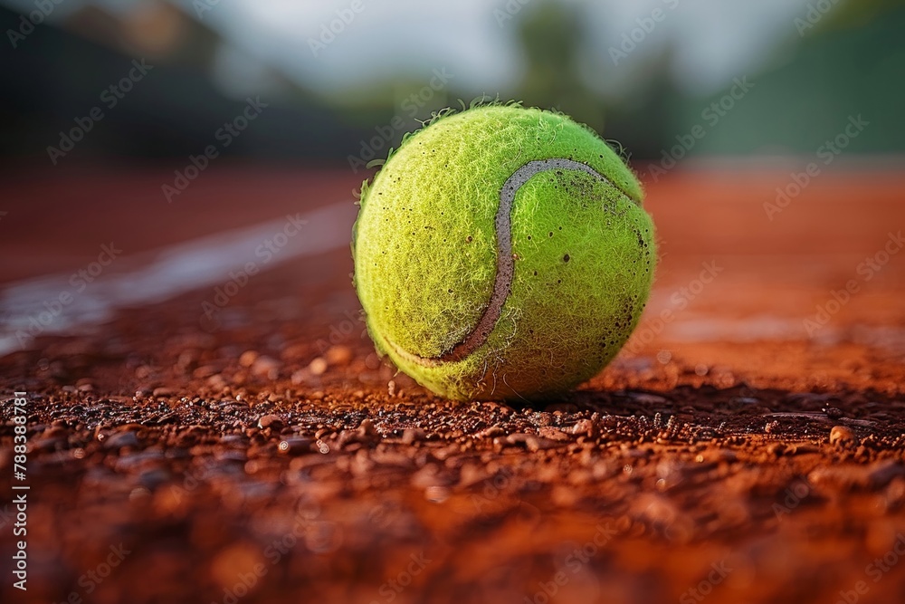 A bright yellow tennis ball sits on a green court ready for play
