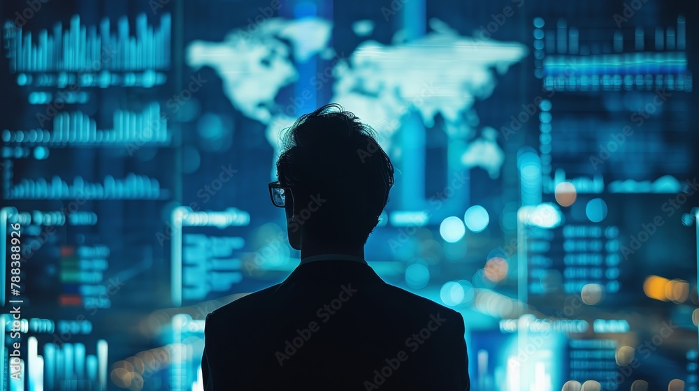 A man is looking at a computer screen with a map of the world on it. The man is wearing glasses and is dressed in a suit. Concept of focus and concentration as the man looks at the screen A man is looking at a computer screen with a map of the world on it. The man is wearing glasses and is dressed in a suit. Concept of focus and concentration as the man looks at the screen