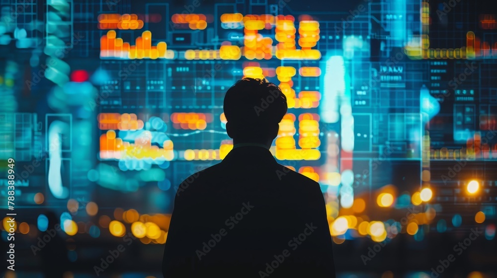 A man is standing in front of a city skyline with a computer screen in the background. The man is looking at the screen, and the cityscape is lit up with bright lights A man is standing in front of a city skyline with a computer screen in the background. The man is looking at the screen, and the cityscape is lit up with bright lights