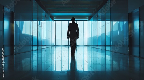 A man is walking in a large, empty room with blue walls. The room is very spacious and has a modern design. The man is wearing a suit and he is in a hurry