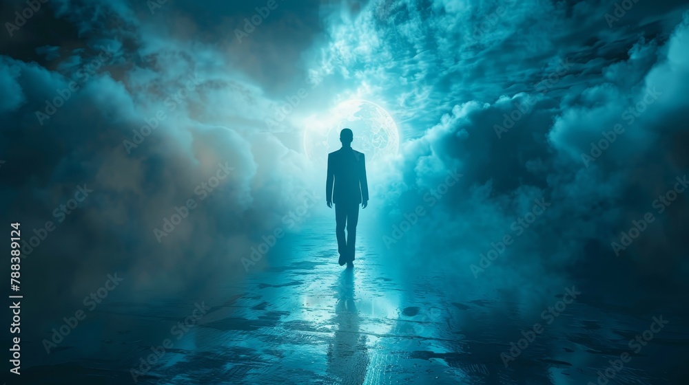 A man is walking through a foggy, misty sky. The sky is filled with clouds and the man is wearing a suit A man is walking through a foggy, misty sky. The sky is filled with clouds and the man is wearing a suit