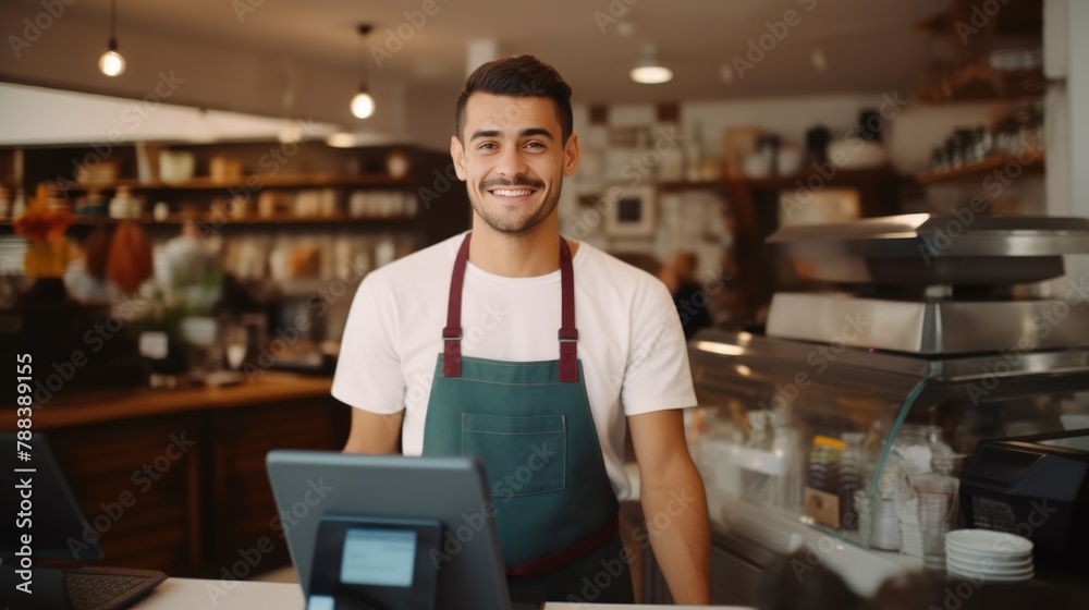 Fototapeta premium Positive Merchant Utilizing Touchpad for Customer Payments