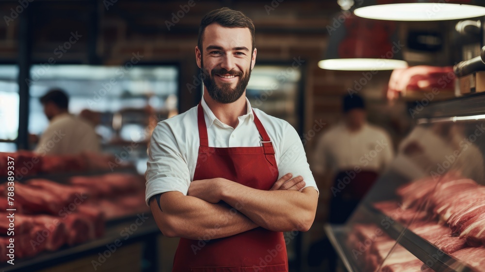 Cheerful male meat cutter at a modern butcher's shop - obrazy, fototapety, plakaty 
