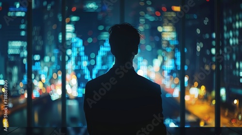 A man is sitting in a window looking out at the city. The city is lit up at night, creating a moody atmosphere. The man is lost in thought, possibly contemplating his life or the world around him