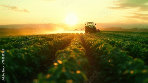 Farm Machinery: Spraying Pesticides on Healthy Soybean Plants