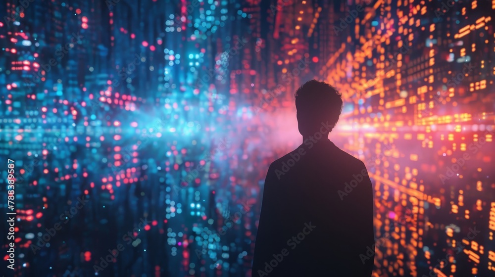A man stands in front of a wall of lights, looking at the screen. The lights are bright and colorful, creating a sense of wonder and excitement. The man is lost in thought
