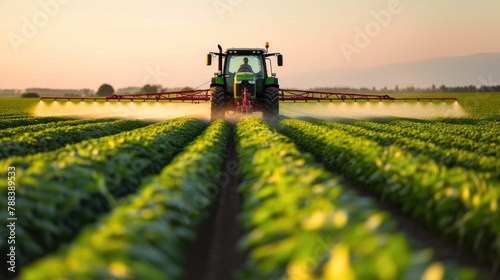 Green Crop Care: Tractor Spraying Pesticides on Soybeans © Andrii 