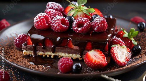 Gourmet dessert Fresh raspberry and strawberry slice on chocolate plate