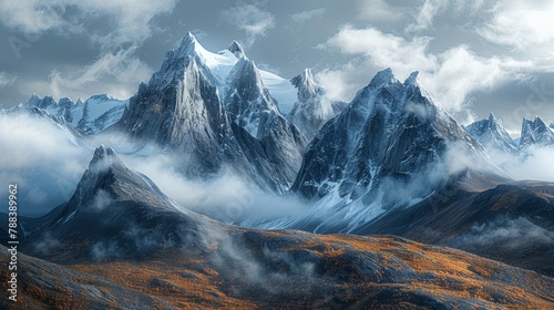 A view of Greenland's mountainous terrain, with snow-capped peaks rising into the clouds.