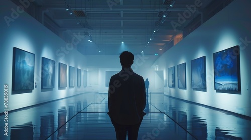 A man stands in a museum with a large number of paintings on the walls. The paintings are all different sizes and styles, and the man is looking at them intently