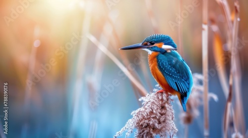 Common kingfisher, alcedo atthis, watching around from a top of reed grass with copy space cut out on white background. Isolated male adult bright blue and orange bird. photo