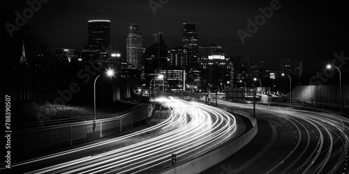 Minneapolis City Night Skyline and I-94 Interstate Highway in Minnesota, USA, black and white color panorama photo photo