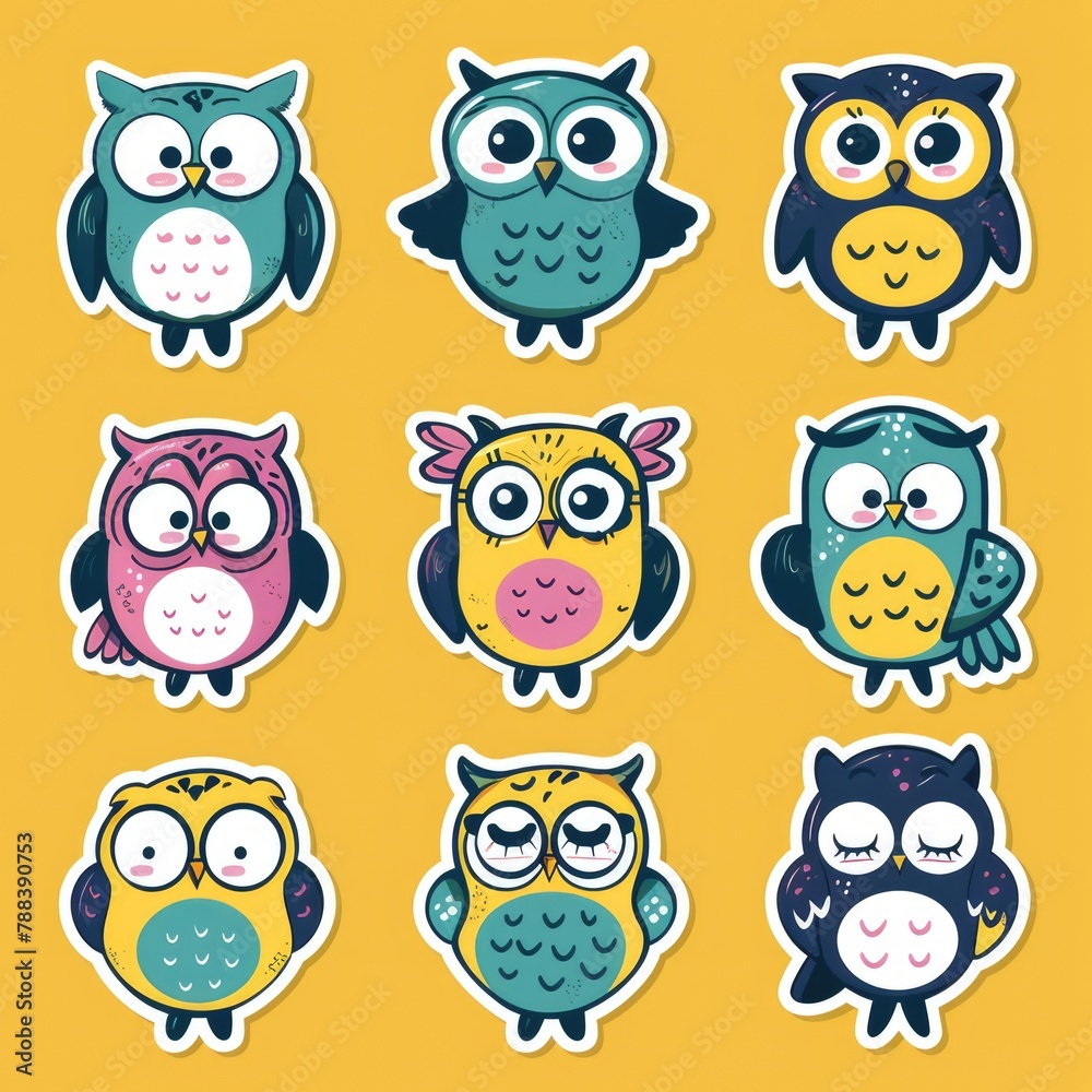 Cute owls. Colorful friendly owl, birthday kids shower stickers. Funny animal joyful forest or zoo birds,  isolated vector set