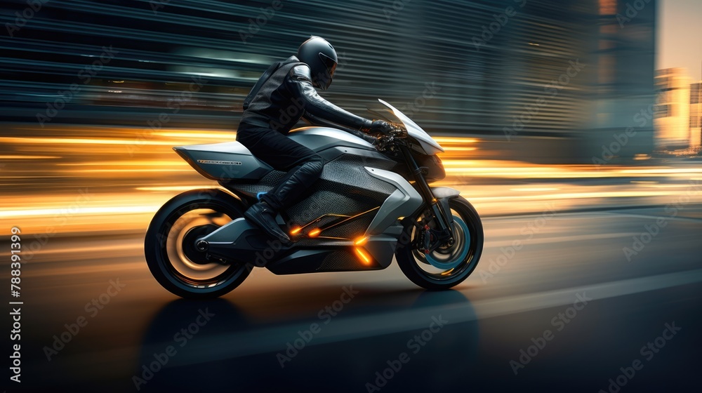 Chasing the Horizon: Motorcycle Rider Blurring Through Highway