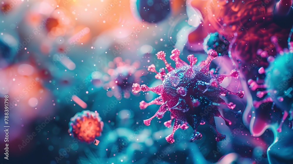 Microscopic view of a virus interacting with antibodies, vibrant colors, close-up, scientific illustration style Microscopic view of a virus interacting with antibodies, vibrant colors, close-up, scientific illustration style