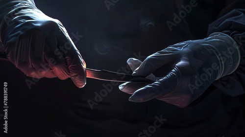 Surgeon's hands in sterile gloves holding a scalpel, spotlight, extreme close-up, hyper-realistic