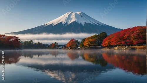 Colorful Autumn Season and Mountain Fuji with morning fog and red leaves at lake Kawaguchiko is one of the best places in Japan photo