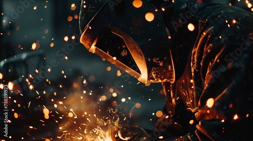 Welder in action with sparks flying, tight close-up, dramatic backlighting, high-contrast industrial scene 