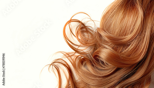 A banner with healthy well-groomed shiny red locks of hair isolated on a white background.