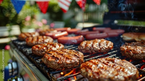 Close-up of a barbecue grill sizzling with burgers and hot dogs  surrounded by red  white  and blue decorations for a Fourth of July cookout.
