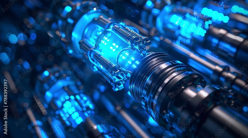 Nuclear fuel rod assembly, cool blue light, extreme close-up, high detail, science fiction style Nuclear fuel rod assembly, cool blue light, extreme close-up, high detail, science fiction style