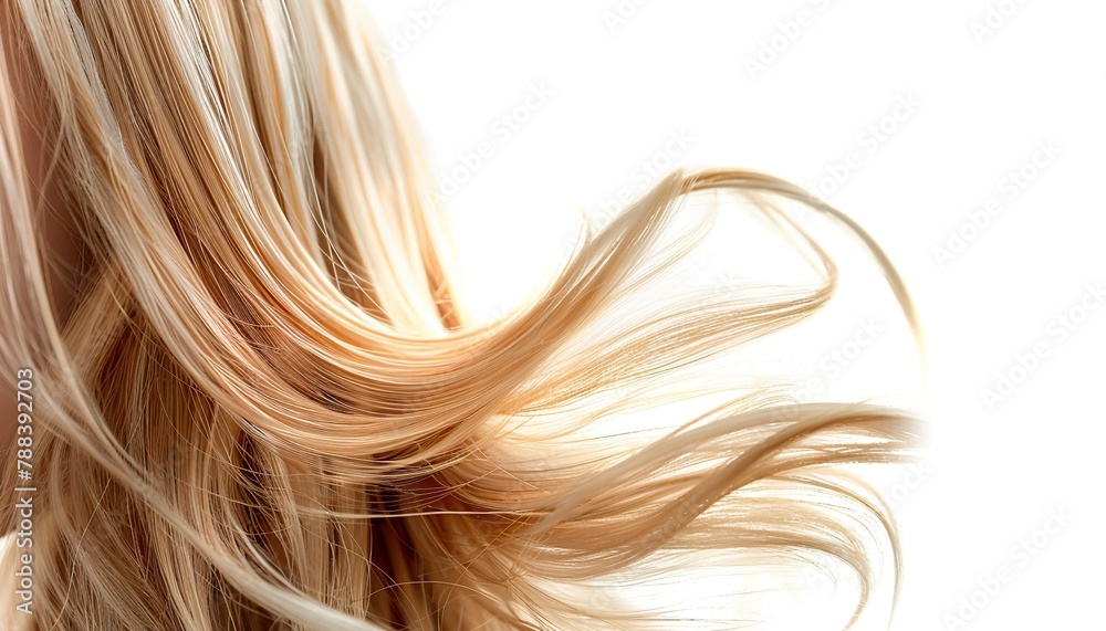A banner with healthy well-groomed shiny blond locks of hair isolated on a white background. A banner with healthy well-groomed shiny blond locks of hair isolated on a white background.