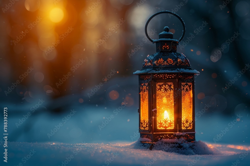 Glowing lantern in snow vibrant warm light clear cold background minimal snowflakes twilight view Glowing lantern in snow vibrant warm light clear cold background minimal snowflakes twilight view