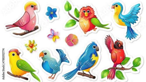 3D birds stickers for kids on white background 