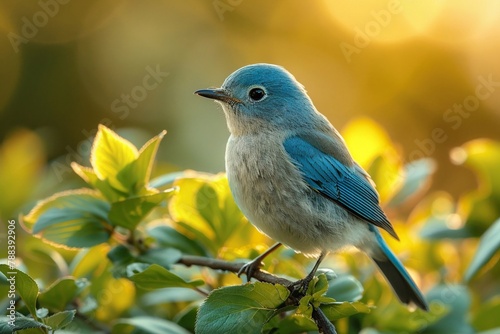 Bright bluebird on branch vibrant green foliage minimal other birds clear focus closeup