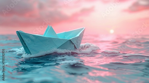 Teal origami boat vibrant pink water background minimal waves clear focus closeup