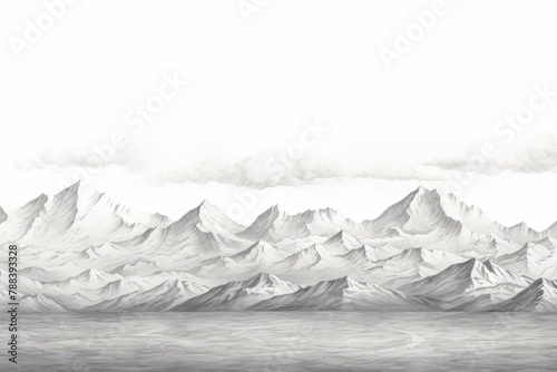Mountain Range Landscape background. Pencil Drawing Illustration Clouds  Snow  and Morning Fog Surrounding Majestic Mountain Peaks