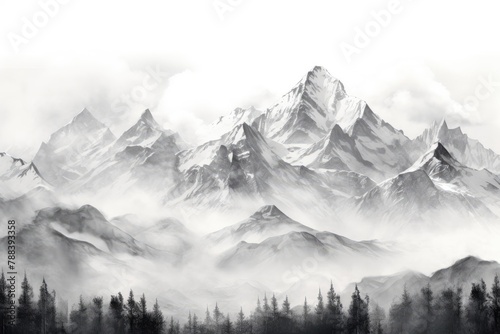 Mountain Range Landscape background. Pencil Drawing Illustration Clouds, Snow, and Morning Fog Surrounding Majestic Mountain Peaks photo