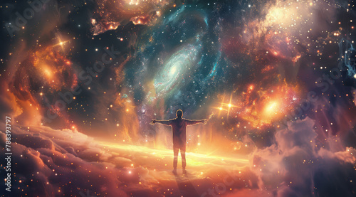Space, freedom and silhouette of person with Milky Way for spiritual awareness, connection and mindfulness. Constellation, stars and nebula in abstract for faith, divine healing and cosmic alignment © Peopleimages - AI