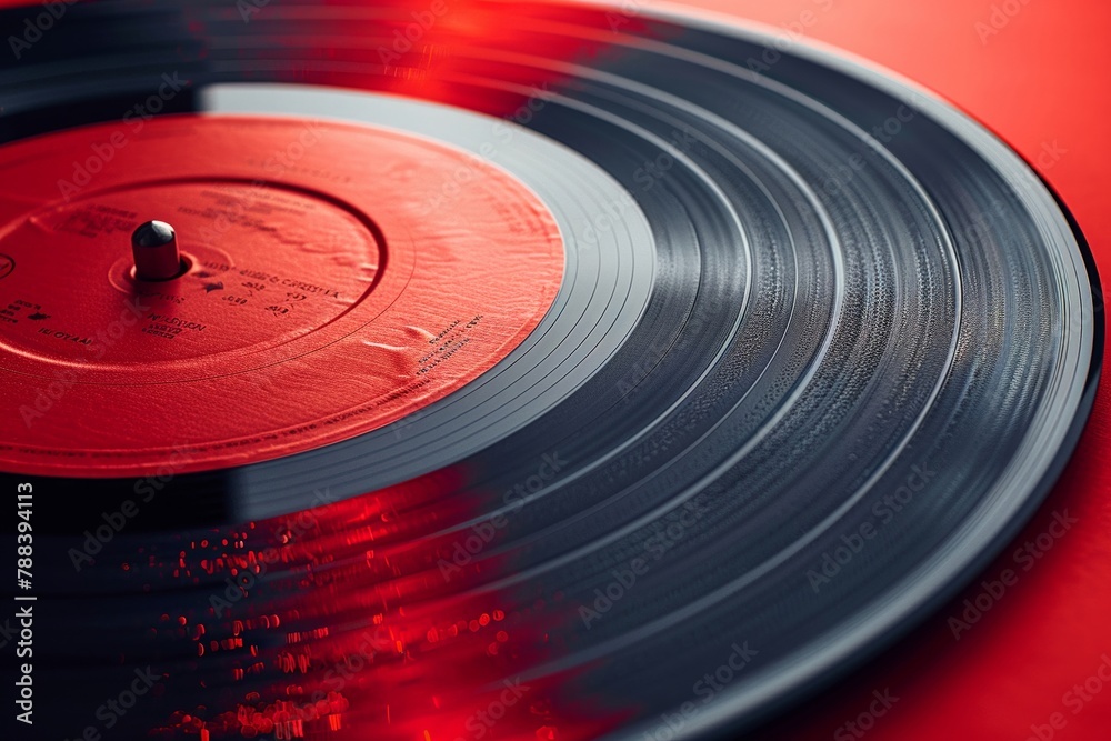 Shiny black vinyl record vibrant red label minimal surroundings clear detail top view