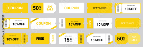 Coupon promotion illustration set. Discount coupon, gift voucher, coupon book.