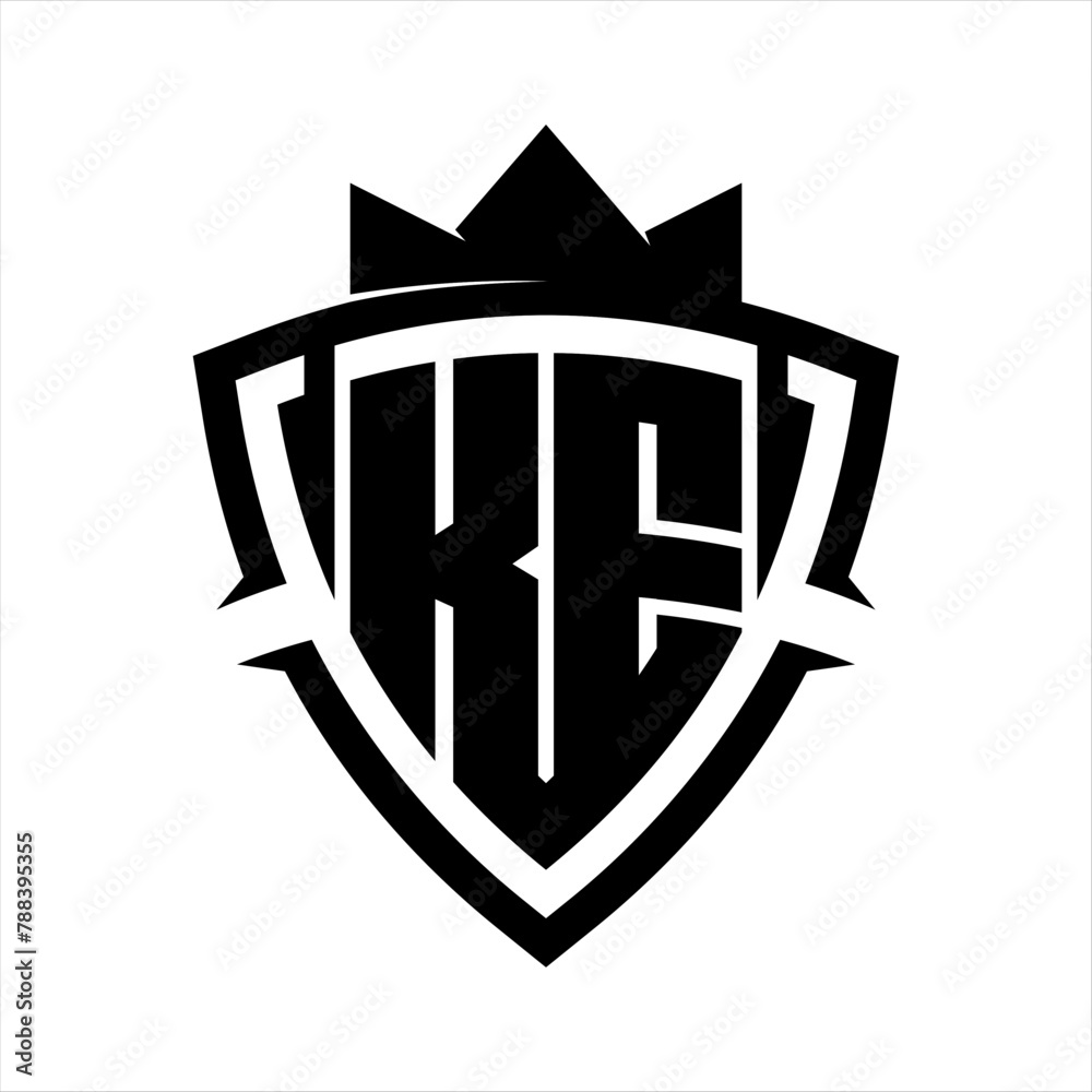 KE Letter bold monogram triangle curve shield shape with crown black and white background color design KE Letter bold monogram triangle curve shield shape with crown black and white background color design